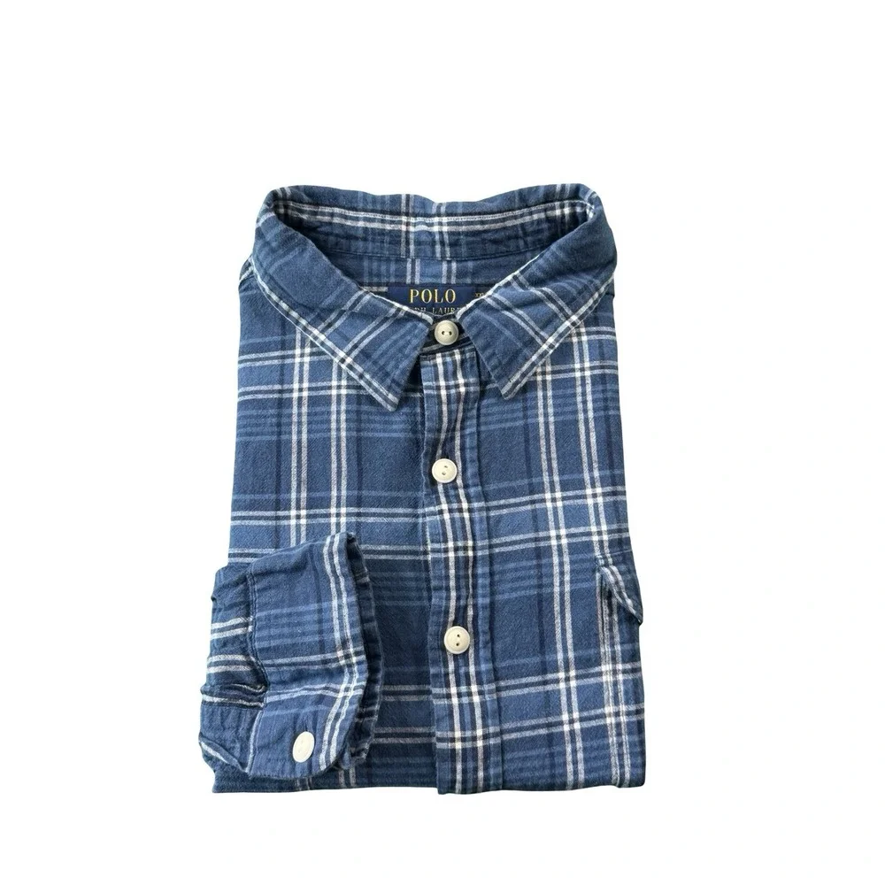 Polo Ralph Lauren Mens 2XL Blue White Checked Cotton Linen Utility Button Shirt